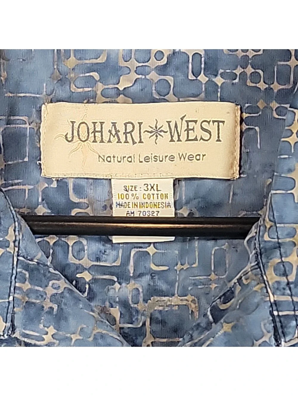 Johari West Hawaiian Shirt Mens 3XL Blue White Geometric Batik Cotton Island 509